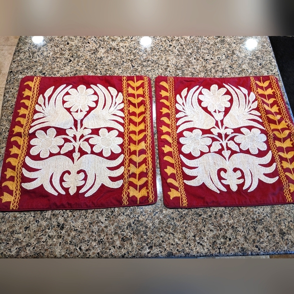 Pottery Barn Embroidered Bremen Burgundy 18” Pillow Covers White Floral Retired